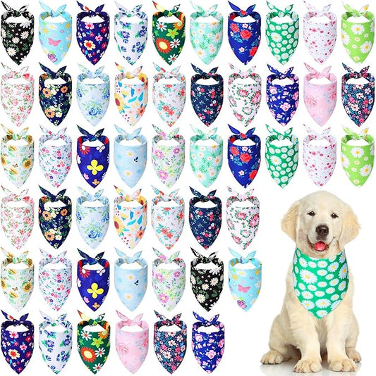 Silkfly 50 Pieces Summer Bandanas for Dog Bulk Adjustable Spring Triangle Scarf with Flower Floral Dog Bandanas Bibs Washable Pet Kerchief for Small Medium Large Pet Cat Costume Accessories Decoration