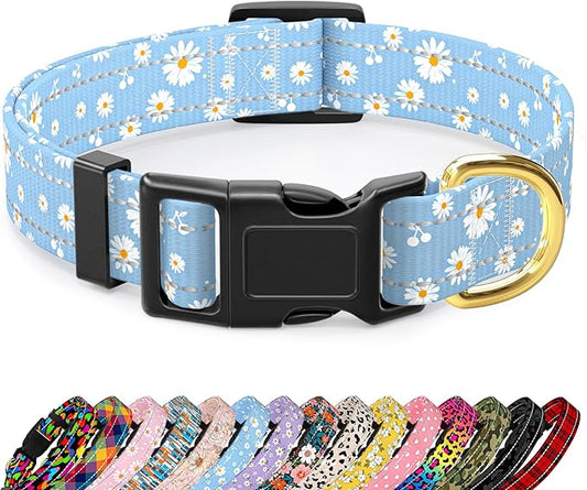 Reflective Dog Collar for Medium Dogs, Cute Daisy Theme Adjustable Heavy-Duty Nylon Puppy Collar for Boy and Girl Female, Soft Pet Accessories with Quick Release Buckle, Neck 14-20", Blue