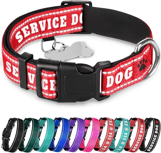 TECEUM Reflective Pet Collar – Red - Service Dog – L – Extra Soft Padding – Basic Nylon Dog Collar – Quick Release Buckle – Fits Small, Medium and Large Dogs, Puppies, Cats