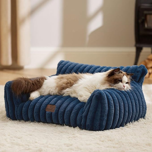 Bedsure Cute Cat Couch for Pets - Fluffy Cat Sofa with Premium Soft Corduroy Fleece, Fuzzy Cat Couch Bed with Removable Washable Cover, Supportive Cat Chair for Indoor Cats, 24inch, Night Blue