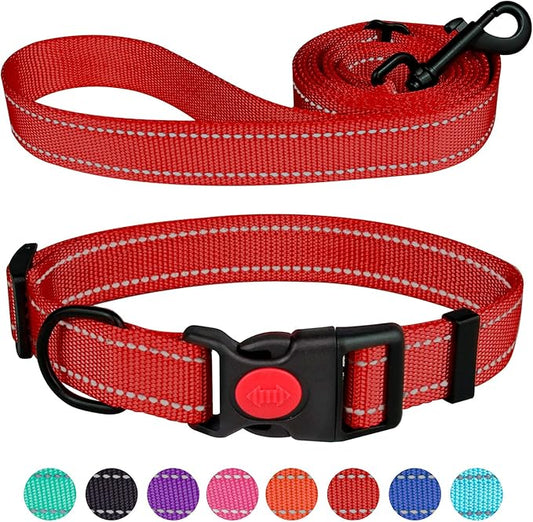 Reflective Dog Collar and Leash Set with Safety Locking Buckle Nylon Pet Collars Adjustable for Small Medium Large Dogs 3 Sizes(Red&S)