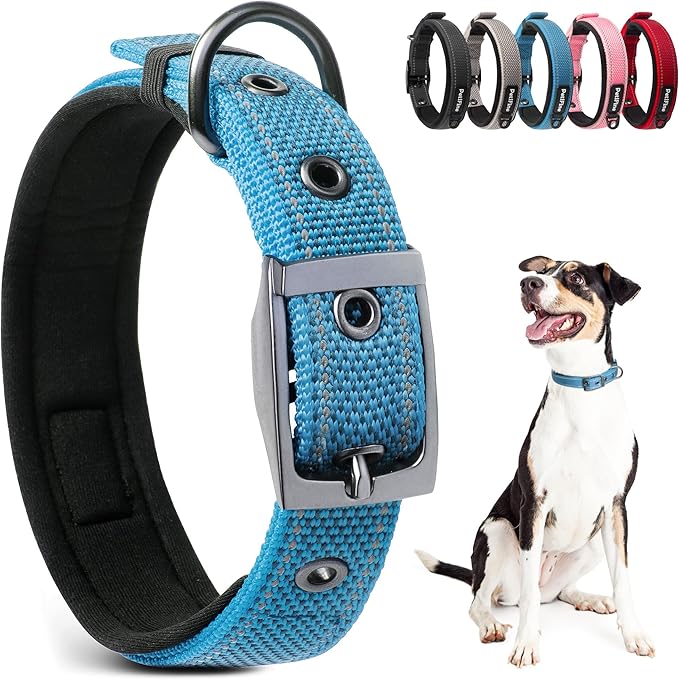 PetiFine Neoprene Padded Dog Collar, Heavy Duty Comfort Dog Collar with Durable Metal Buckle, Reflective Adjustable Belt Buckle Dog Collars for Small Medium Large Dogs(19''-23'', Blue
