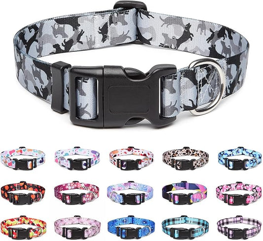 Adjustable Dog Collar with Patterns, Ultra Comfy Soft Nylon Breathable Pet Collar for Small Medium Large Dogs (S, Dog Camouflage Grey)
