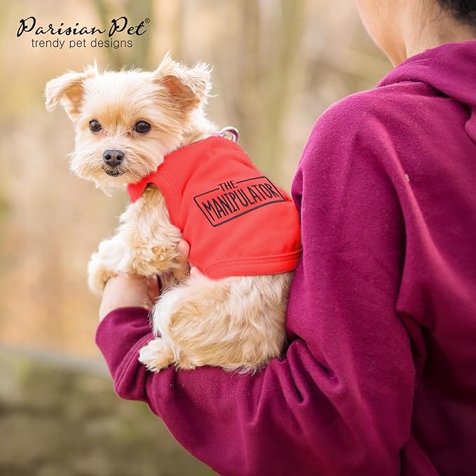 Parisian Pet Dog Tshirt - Embroidered “ Manipulator “ Tank Top - Breathable and Lightweight Dog Clothes - Sleeveless Red Tee Shirts - Machine Washable Shirt for Small Dogs - XXS