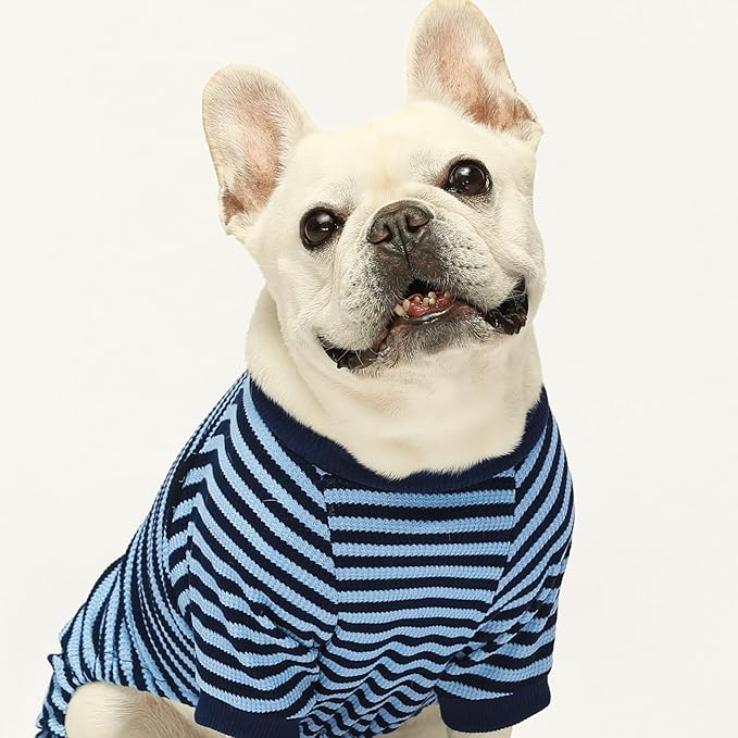Fitwarm Blue and White Striped Dog Pajamas, Waffle Dog Clothes for Small Dogs Girl Boy, Puppy Onesie with Feet, Pet Cat Outfit, Small