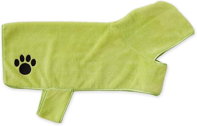 Bone Dry Pet Robe Collection, Embroidered Absorbent Microfiber Bath Robe with Adjustable Closure, for Dogs & Cats, Medium, Lettuce Green