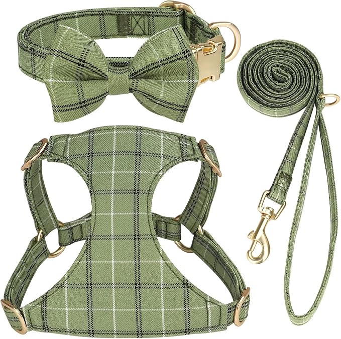 Beirui Cute Small Dog Harness Collar and Leash Set with Bowtie, Soft Adjustable Plaid Puppy Harness for Small Sized Dogs Cats Walks Parties and Photoshoots(Green,XS:Chest 13-18")