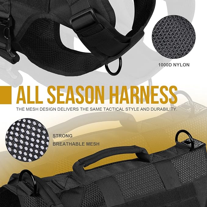 OneTigris Tactical Dog Harness - Small Dog Vest with Handles, Breathable Military Molle, Walking Hiking Training (Black, XS)