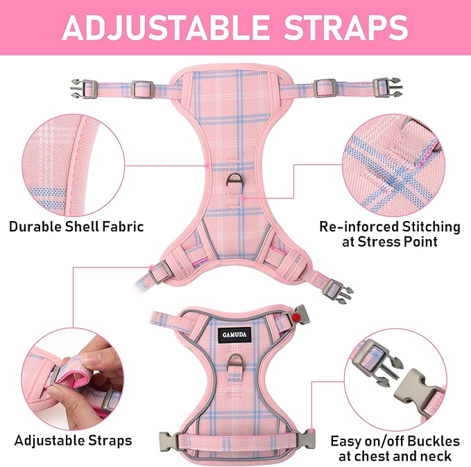GAMUDA Dog Harness Collar and Leash Set, Dog Harness, No Chock No Pull Adjustable Vest Harnesses Plaid Reflective for Medium Dog, Cat, Small Horse, Small Bull and Pig (Pink, XL)