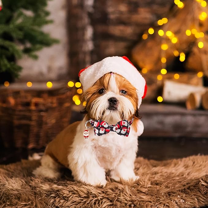 ADOGGYGO Christmas Dog Collar with Detachable Bowtie, Adjustable Red Santa Pet Christmas Bow Collars for Small Medium Large Dogs (Small)