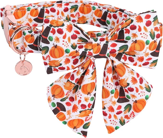 DOGWONG Fall Dog Collar with Bowtie - Fall Thanksgiving Dog Collar Soft Cotton Autumn Dogs Necklace - Halloween Puppy Necklace for Small Medium Large Dogs