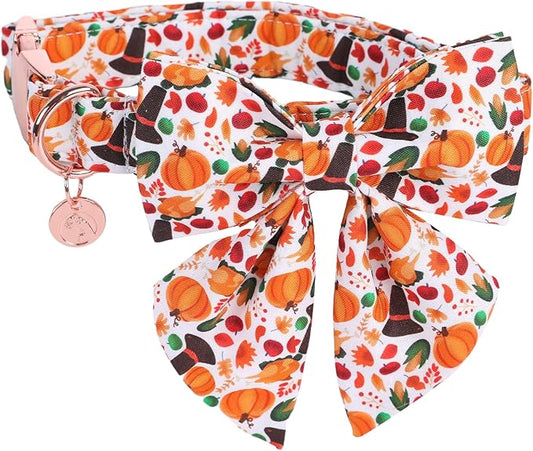 DOGWONG Fall Dog Collar with Bowtie - Fall Thanksgiving Dog Collar Soft Cotton Autumn Dogs Necklace - Halloween Puppy Necklace for Small Medium Large Dogs