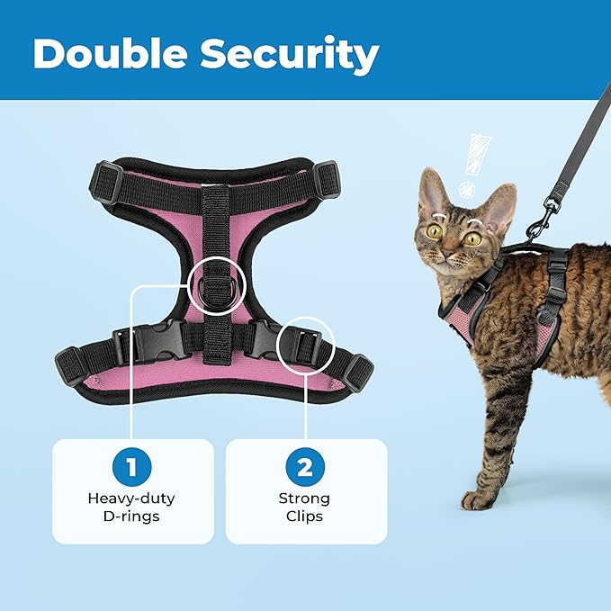 Voyager Escape Proof Cat Harness and Leash Set with Reflective Stitching, Neoprene Handle 5ft - Supports Small, Medium and Large Cats, Kittens for Walking by Best Pet Supplies - Black Trim-Pink, XS