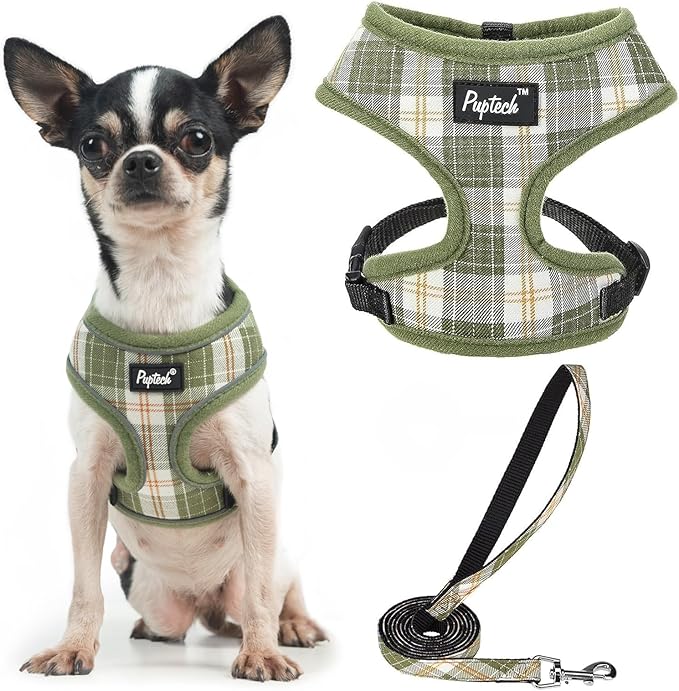 PUPTECK Soft Mesh Dog Harness and Leash Set Pet Puppy Cat Comfort Padded Vest No Pull Harnesses, Olive Green, XS