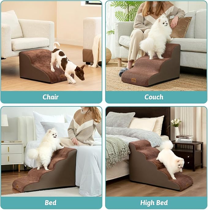 Dog Stairs for Small Dogs 15.7" H, Curved Dog Step for Puppy, Older Cat, Medium Pet Ramp for Sofa, Couch or Bed, Ladder with High Density Foam, 15.7x22.4x15.7 inch, 3 Step, Brown