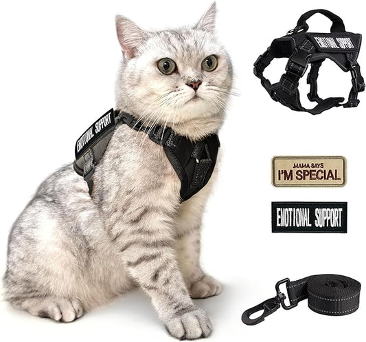 Tactical Cat Harness and Leash Black for Walking Esacpe Proof, Adjustable Soft Mesh Large Cat Vest with Handle Easy to Control,Molle Patches L