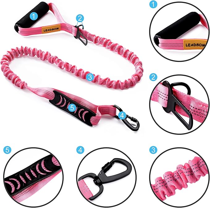 6FT Highly Reflective Heavy Duty Elastic Bungee Medium and Large Dog Leash Shock Absorbing with Comfortable Padded Handle and Traffic Handle Suitable for Training