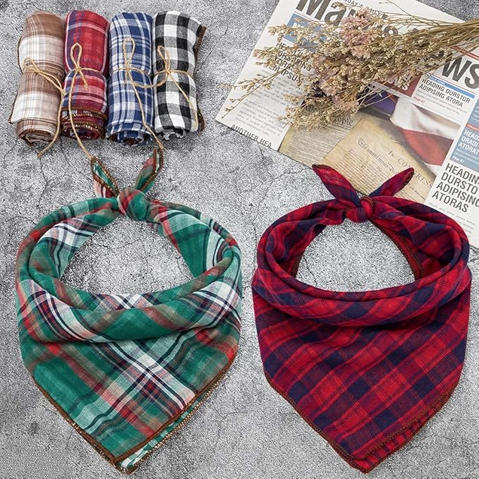 Remifa Dog Bandanas - 6PCS Birthday Gift Washable Green Black Blue Red Square Plaid Printing Christmas Dog Bib Double Reversible Kerchief Scarf Adjustable Accessories for Small to Large Dog Puppy Cat