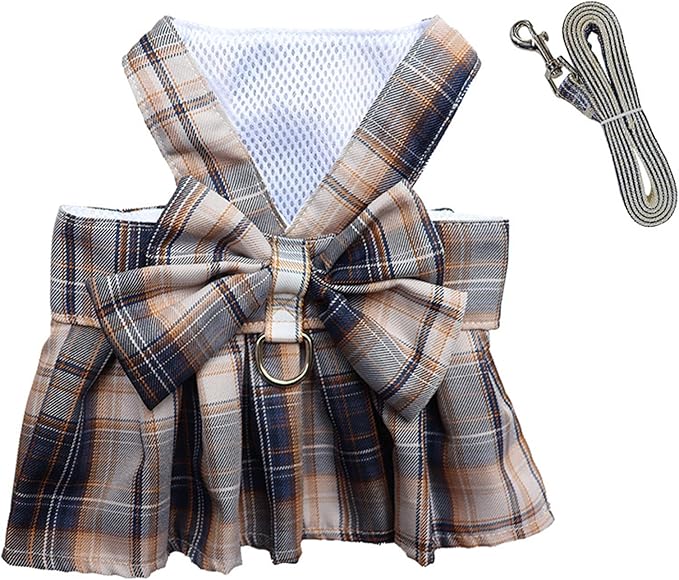 Dog Harness and Leash Set, Cute Bow Tie Plaid Harnesses for Puppy Cat, Adjustable Pet Kitties Vest, Breathable Harness Traction Rope for Boy Girl Small Animal(Skirt Navy Blue,S for 3.3-5.5lbs Dog)
