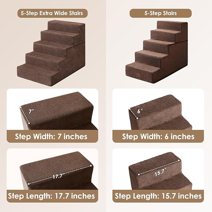 EHEYCIGA Dog Stairs for High Bed 25”H, 5-Step Extra Wide Dog Steps for Bed, Pet Steps for Small Dogs and Cats, Non-Slip Balanced Dog Indoor Ramp, Brown