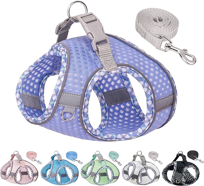 Soft Dog Harness and Leash Set for Walking, Summer Step in Vest Harness, Reflective Bands, Ultra Thin Breathable Pet Supplies, for Extra Small Dogs and House Cats Lavender XS