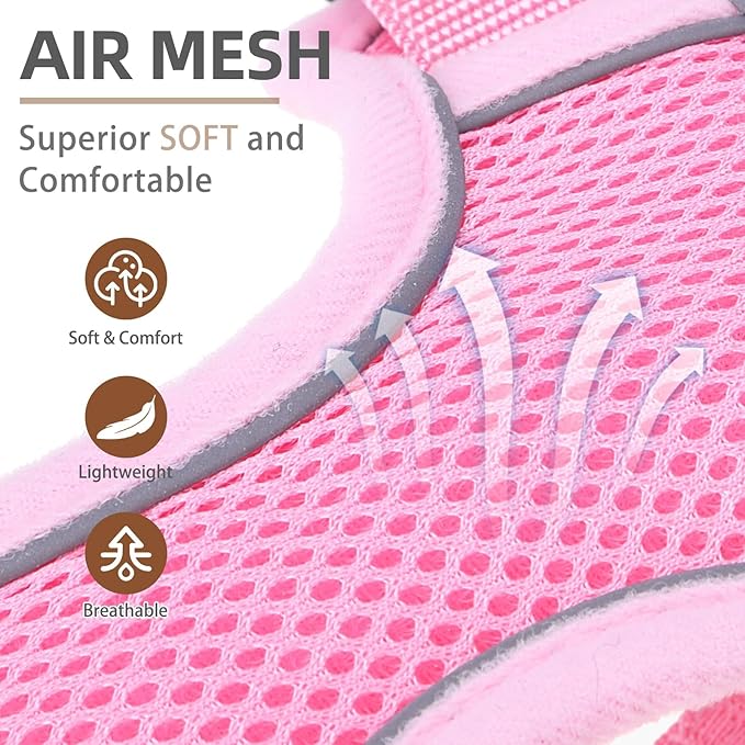PUPTECK Dog Harness and Leash Set for Small Medium Dogs No Pull, Soft Mesh Adjustable Puppy Cat Harness Reflective at Night, Pink XS