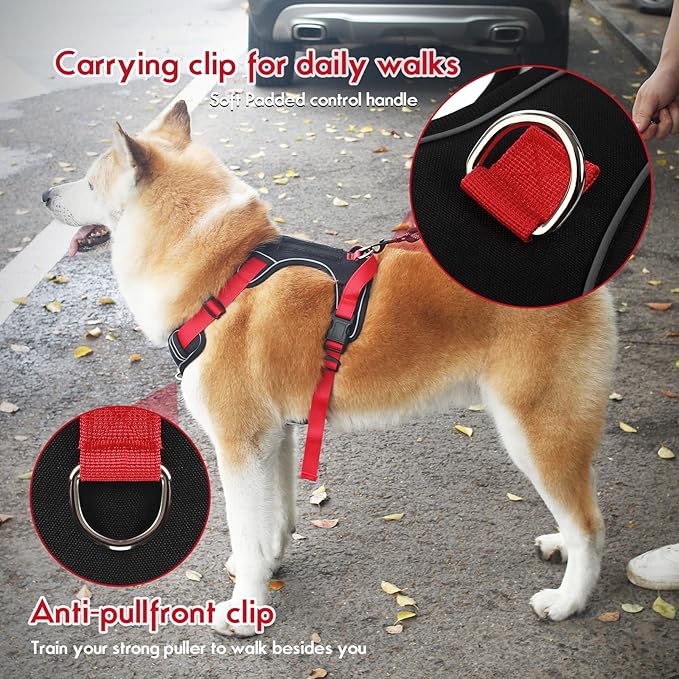 Dog Harness Adjustable Reflective Easy Control for Medium/Large Dog Harness with A Free Heavy Duty 5ft Dog Leash (L (Neck: 18,5"-25", Chest: 21"-27.9")(red, Large)