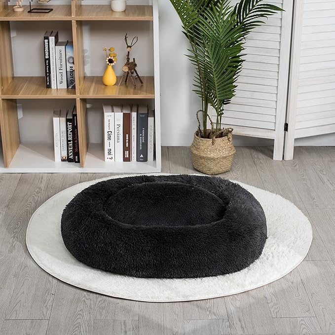Coohom Oval Calming Donut Cuddler Dog Bed,Shag Faux Fur Cat Bed Washable Round Pillow Pet Bed(30"/36"/43") for Small Medium Dogs (XL(36"x27"x7"), Dark Grey)