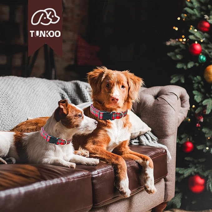 Tunkoo Christmas Classic Plaid Collar Premium Cotton Puppy Collar - Adjustable Collar with Strong Plastic Bucle Gifts for Small Medium Large Girls Boys Dogs, S