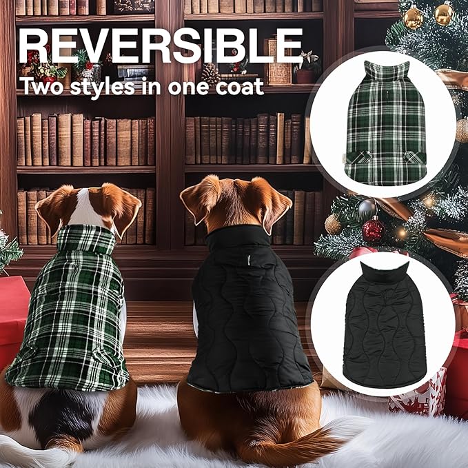 VIVAGLORY SoftJoy Dog Winter Coat - British Style Plaid Jacket & Vest for Cold Weather - Reversible, Warm & Cozy - Heavy Duty - XXS Green