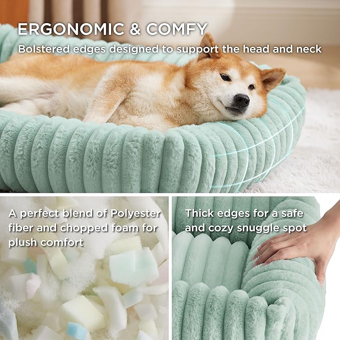 Bedsure Washable Dog Bed for Large Dogs - Cute Furry Puppy Beds, Rectangle Orthopedic Corduroy Fleece Pet Beds with Removable Zipper Cover, 36x27x8inches, Green
