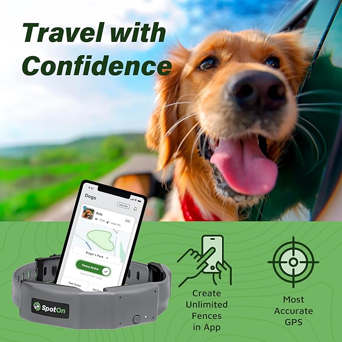 SpotOn GPS Wireless Dog Fence Collar, Accurate & Reliable, Unlimited Fences, No Subscription, Built in USA, Carrier Model, Compatible with Verizon, Medium Dog Breed Neck Size 12"-18"