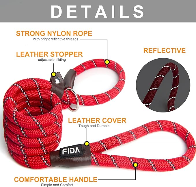 Fida Durable Slip Lead, 6 FT x 3/8" Heavy Duty Dog Loop, Comfortable Strong Rope Slip Leash for Small Dogs and Puppies, No Pull Pet Training Leash with Highly Reflective (3/8", Red)