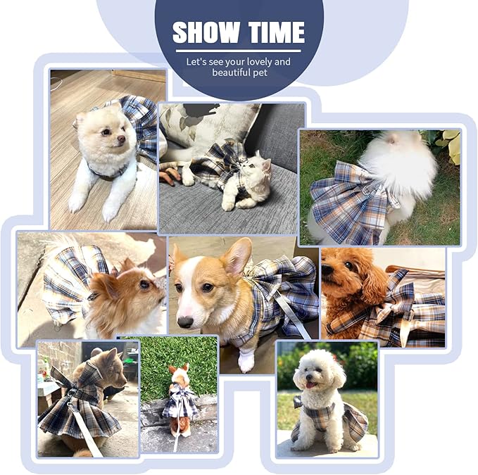 PETCARE Plaid Dog Dress Bow Tie Harness Leash Set for Small Dogs Cats Girl Cute Princess Dog Dresses Spring Summer Puppy Bunny Rabbit Clothes Chihuahua Yorkies Pet Outfits