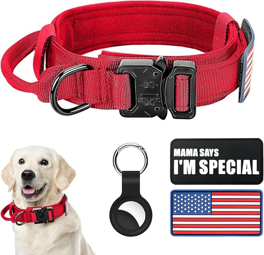 Tactical Dog Collar and Bungee Leash, Military & Leash Set with USA American Flag Adjustable K9 Heavy Duty Metal Buckle Handle, Patches Airtags Case (L, Red(1PCS))
