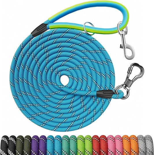 Long Dog Leash for Dog Training 10FT/15FT/20FT/30FT/40FT/50FT/100FT Reflective Leash with 2 Hooks, Heavy Duty Dog Lead for Large Medium Small Dogs Outside Walking Camping Yard, Blue 15FT
