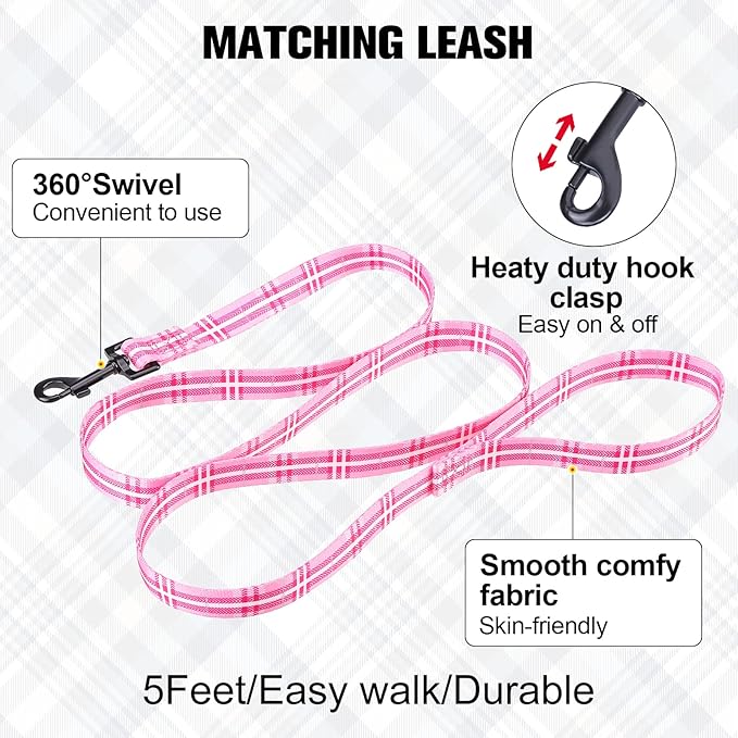 BEAUTYZOO No Pull Dog Harness and Leash Set - Adjustable Step-in Puppy Harness for Medium Large Dogs, Escape Proof Soft Nylon Vest with Double D Ring for Walking Running Training, Pink Plaid L