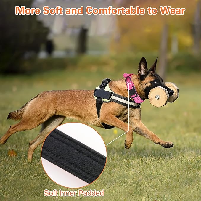 KCUCOP Tactical Dog Collar for Medium & Large Dogs - Military Nylon Heavy Duty Collar with Handle, Reflective Strip & Metal Buckle for Training, Outdoor (Pink Reflective, Large)