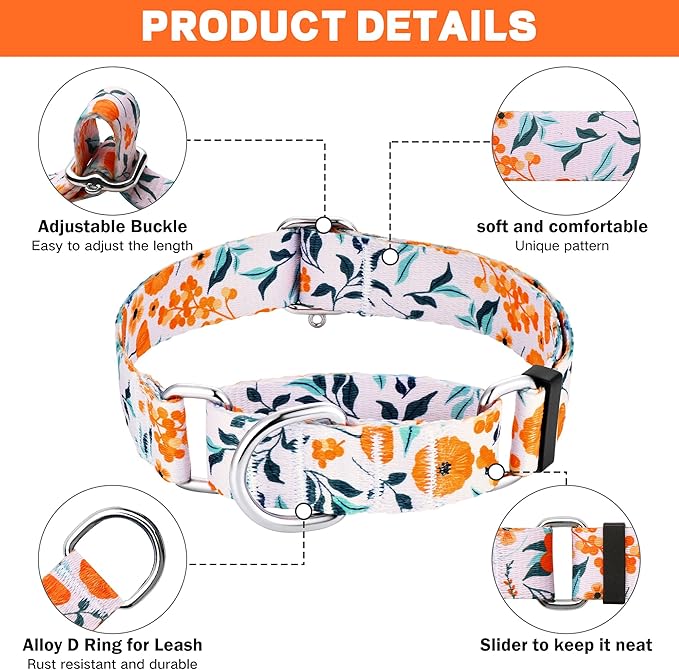 Hikiko Martingale Collar for Dogs with No Buckle Flower Dog Collars Comfortable Nylon Training Collar for Large Dogs,Retro Orange Flower,L