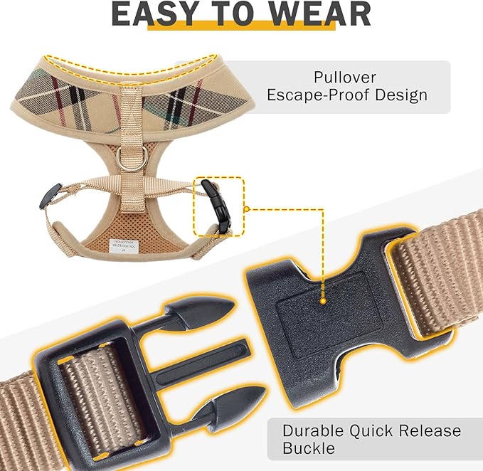 SCENEREAL Puppy Dog Harness with Leash Set for Small Medium Sized Dogs, Soft Mesh Step in Pet Harnesses and Leash, No Chock Plaid Adjustible No Pull Vest for Dogs Cats, Chihuahua,Bulldog (Beige M)