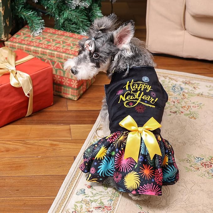 CuteBone Happy New Year Dog Dresses Velvet Holiday Small Dogs Clothes Onesie Pet Apparel Girl Puppy Skirt with Bow Hair Rope CVA56XS-D