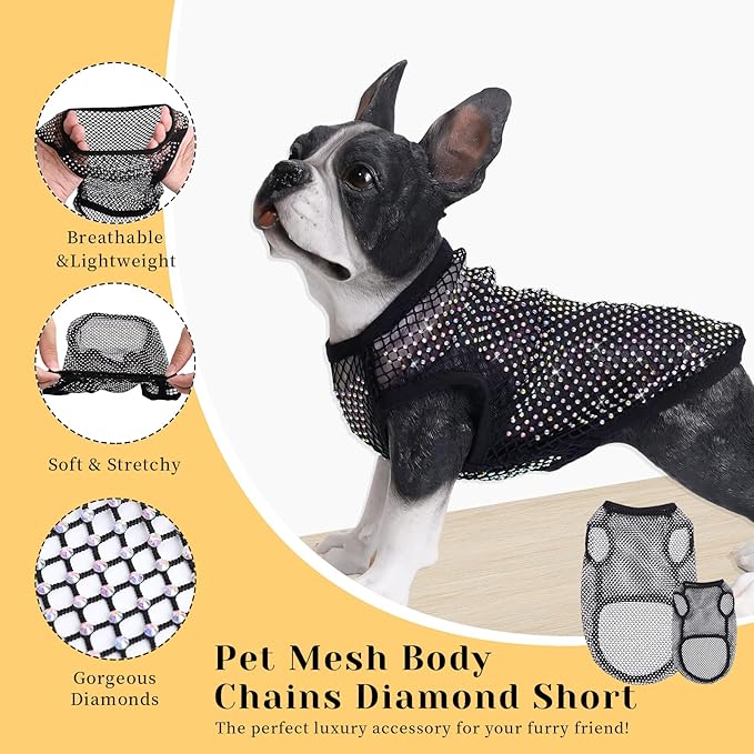 Dog Shirts Clothes, Pet Mesh Body Chains Diamond Short Sleeve Fishnet Crop,Tops Rhinestone See Through Cover up T-Shirt Apparel for Small Dogs Cats - S