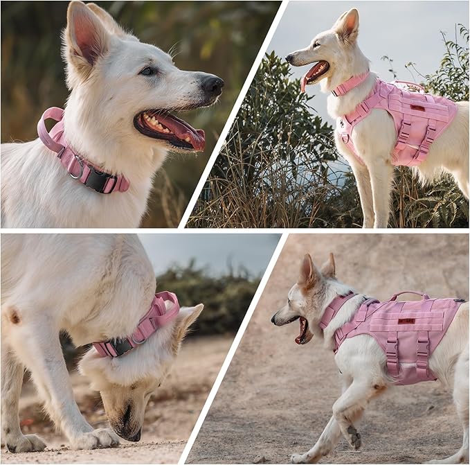 OneTigris Tough Dog Collars, Tactical Dog Collar with Handle, Milltary Adjustable Dog Collar with Heavy Duty Metal Buckle for Training (Large,Pink)