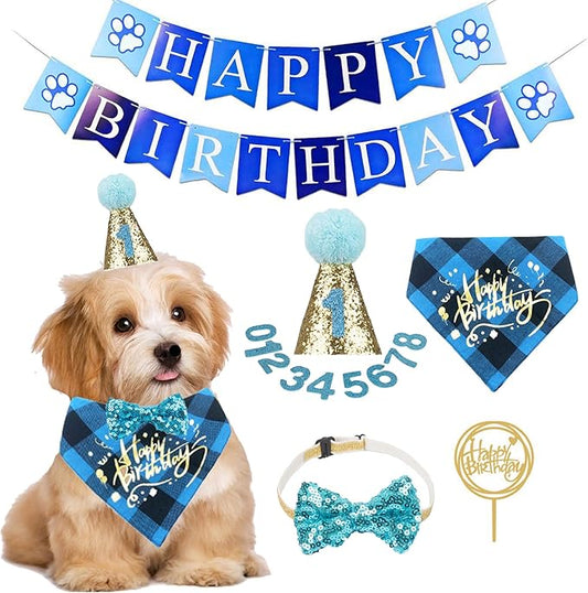 ADOGGYGO Dog Birthday Boy Bandana, Puppy 1st Birthday Party Supplies, Pet Party Hat Scarf Bowtie Banner Set for Small Medium Dogs (Small&Medium)