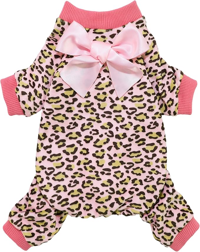Fitwarm Leopard Dog Pajamas, Fleece Dog Clothes for Small Dogs Girl with Legs, Pet Onesie, Cat Outfit, Pink, XS
