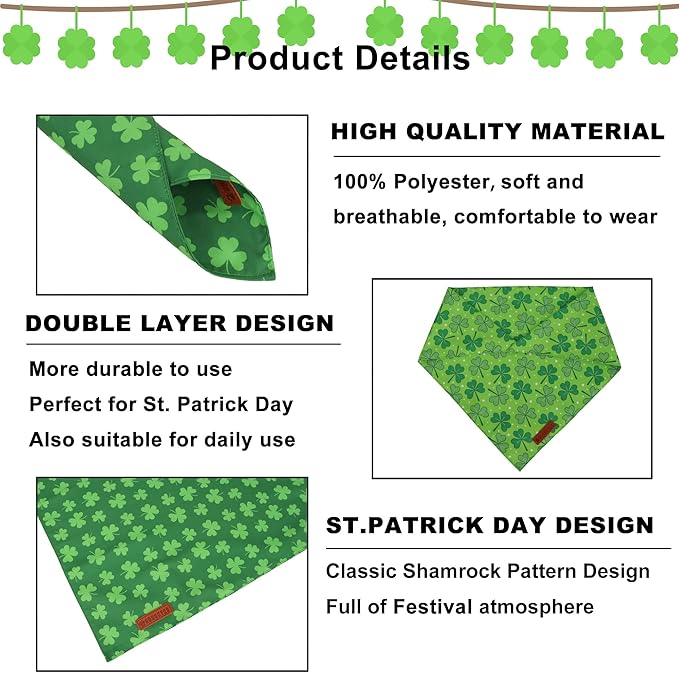 ADOGGYGO St. Patrick's Day Dog Bandana, Green Shamrock Pet Scarf, Adjustable Fit Saint Patrick Bandanas for Large and Extra Large Dogs (X-Large)