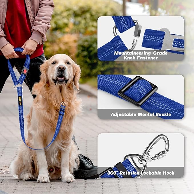 Dog Seat Belt Harness for Car, Dog Car Leash with Car Headrest & Buckle, Reflective Short Dog Leash, Pet 15 Inch Heavy Duty Leash for Dogs with Padded Handle & Locking Carabiner Clip, Ryoal Blue