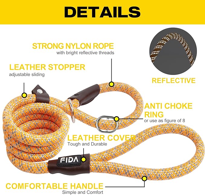 Fida Slip Leads for Dogs, 4 FT x 1/2" Dog Leash Heavy Duty Comfortable Strong Rope Leash for Large, Medium Dogs, No Pull Pet Training Leash with Highly Reflective,Orange