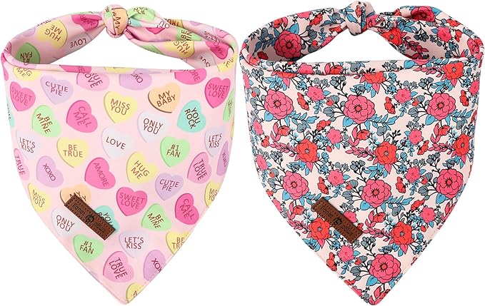Lionet Paws Valentine's 2pcs Dog Bandanas, Red Floral Dog Scarf Bib Premium Fabric, Happy Valentine Heart Bandanas for Small Dogs Pets