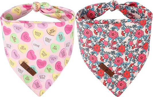 Lionet Paws Valentine's 2pcs Dog Bandanas, Red Floral Dog Scarf Bib Premium Fabric, Happy Valentine Heart Bandanas for Small Dogs Pets